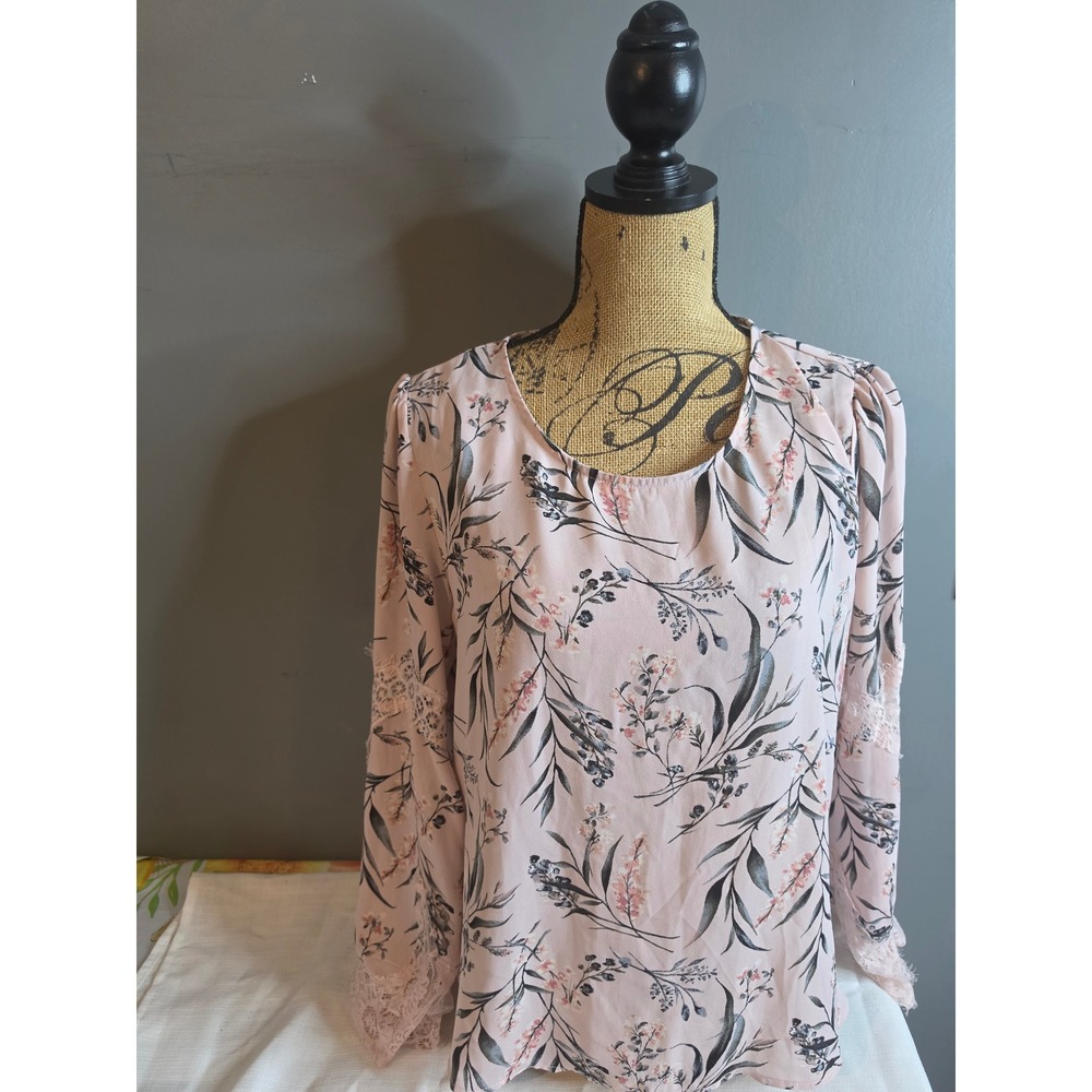 Always Indigo Pink Floral Lace Trim Long Sleeve Blouse Large